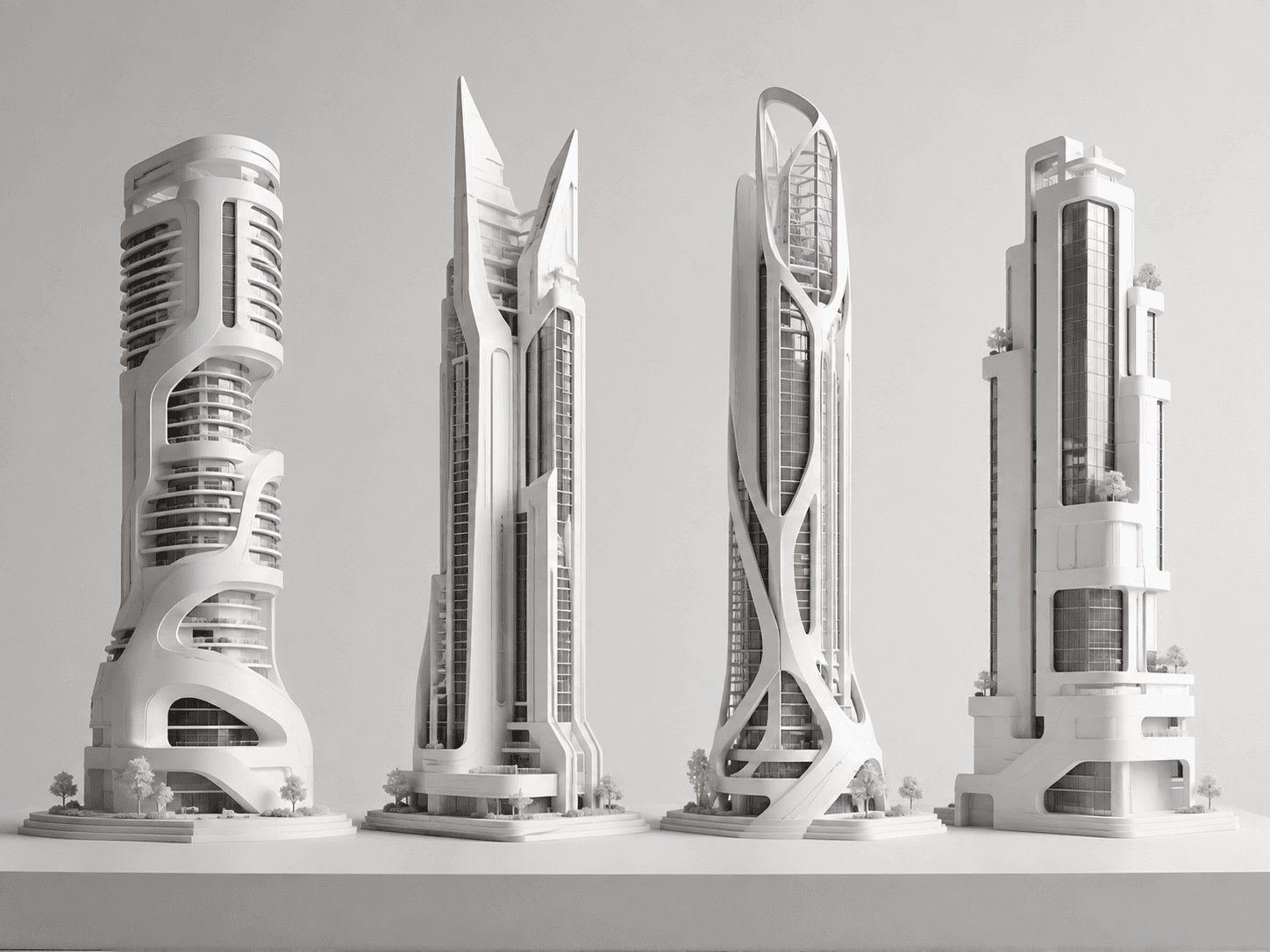 White futuristic architectural tower models