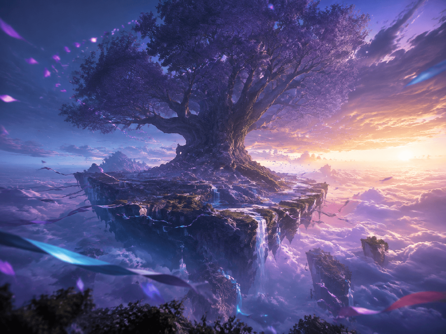 Ancient tree on a floating island above luminous clouds