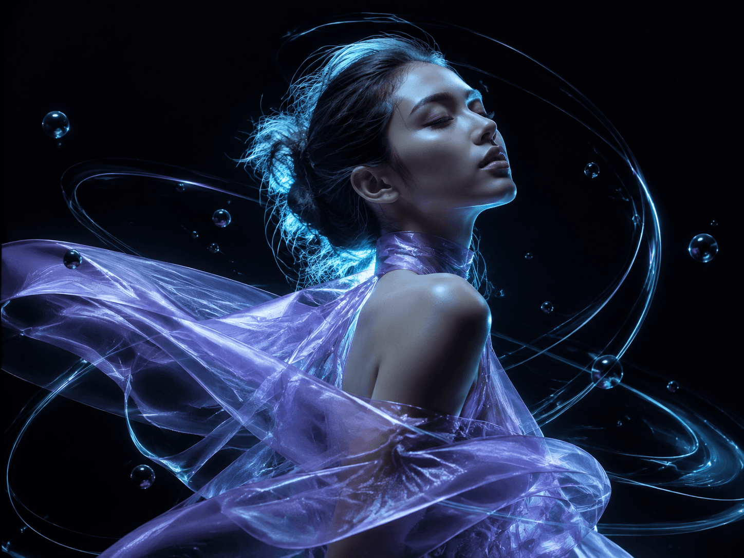 Futuristic editorial portrait wrapped in translucent violet fabric