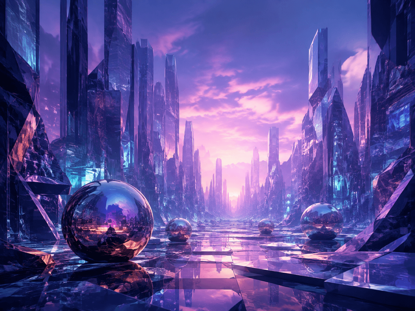 Violet crystalline city with reflective chrome spheres
