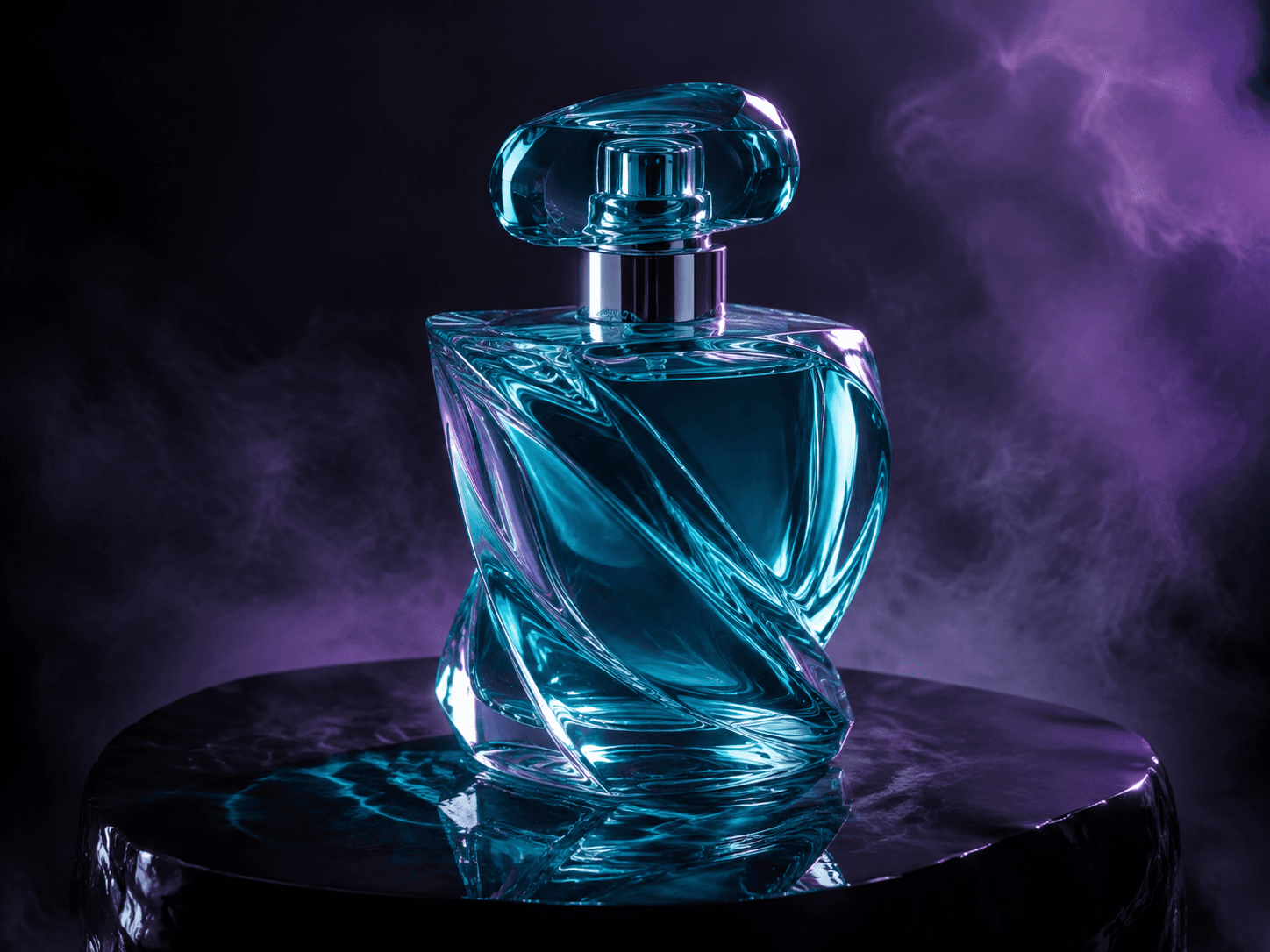 Cyan glass perfume bottle in a violet-lit studio